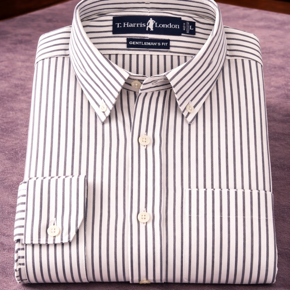T Harris London Shirt Mens Large Gray White Stripe Button Down Cotton Dress